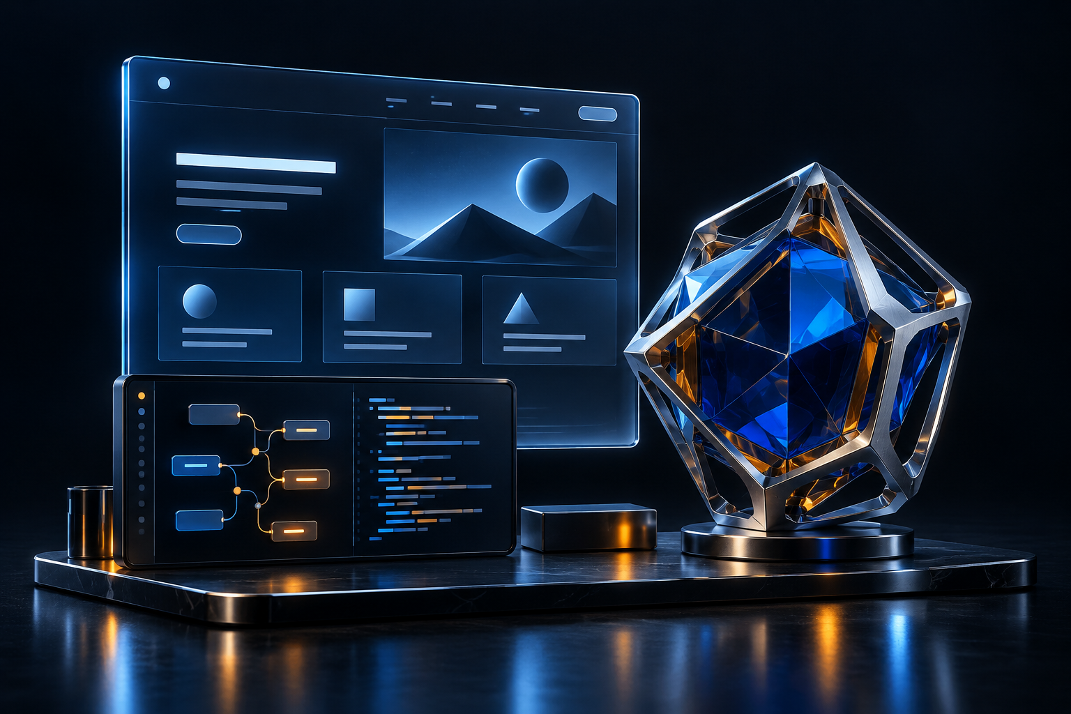Atelier numérique illustré : interface web, module logiciel à logique connectée et objet 3D en verre bleu et métal
